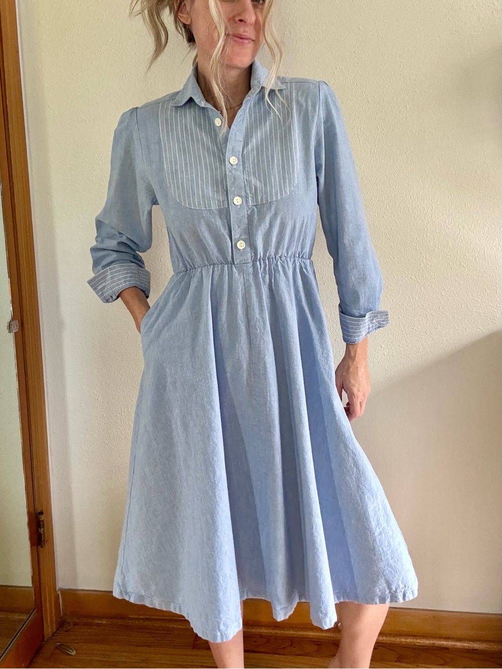 Vintage 90s Orvis 4P Chambray Cotton Shirt Dress Prairie Midi Blue Americana